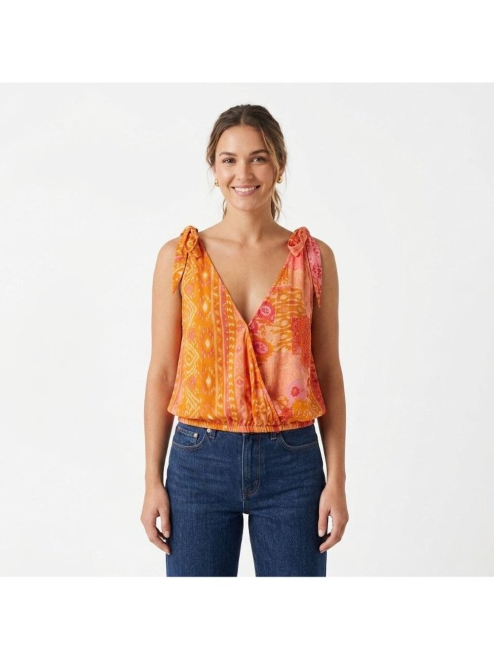 Free People Tied to You Tank Top Women Size M Boho Orange Floral Tie Strap
